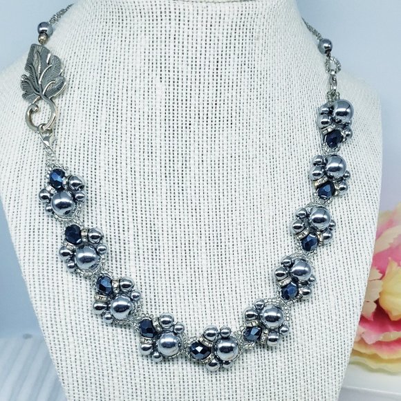 Midnight Ivy Hematite Jewelry - Silver & Dark Blue Necklace Bracelet Earring Set - Picture 7 of 14